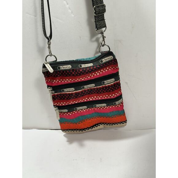 LeSportSac Womens Multicolor Red Black Oran Crossbody Bag Boho Striped 3 Pockets - Picture 2 of 7